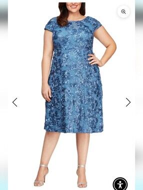 Alex Evenings NEW Plus Size 14: Blue Rosette Textured & Sequin Dress